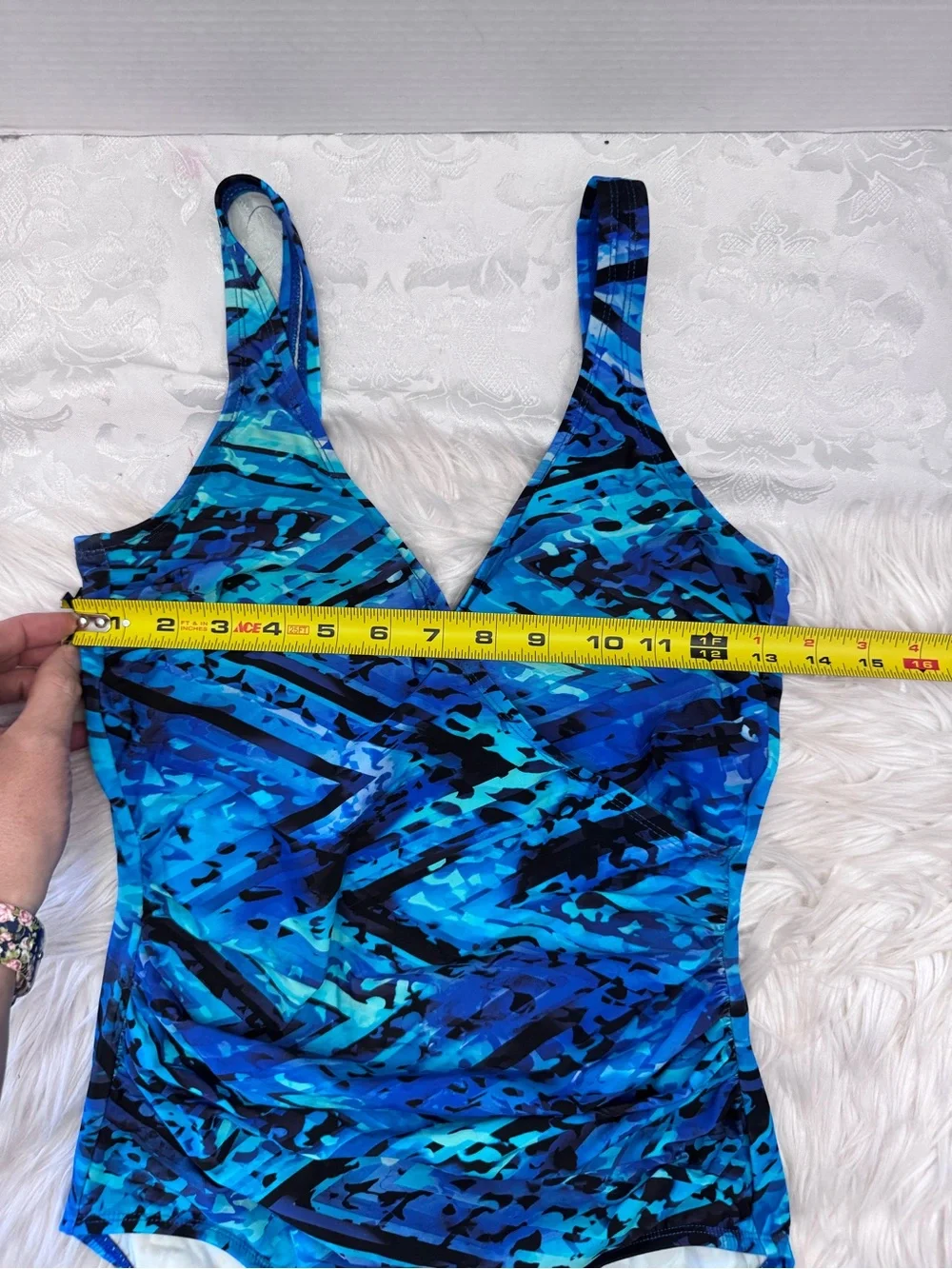 Miradonna By Miraclesuit V Neck One Piece Swimsuit Slimming Size 10 Blue Modest